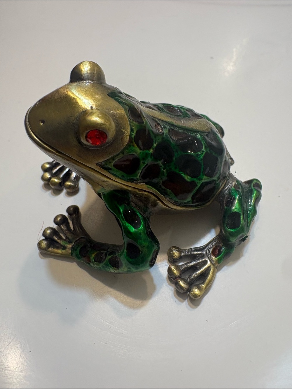 Monet Vintage Brass Green Frog Figurine with Red Eyes Decorative Reptile Accent